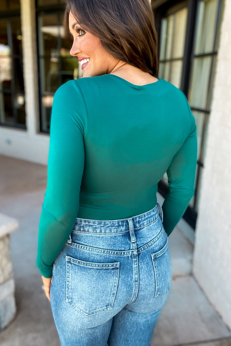 Center Of Attention Hunter Green Double Lined Long Sleeve Bodysuit