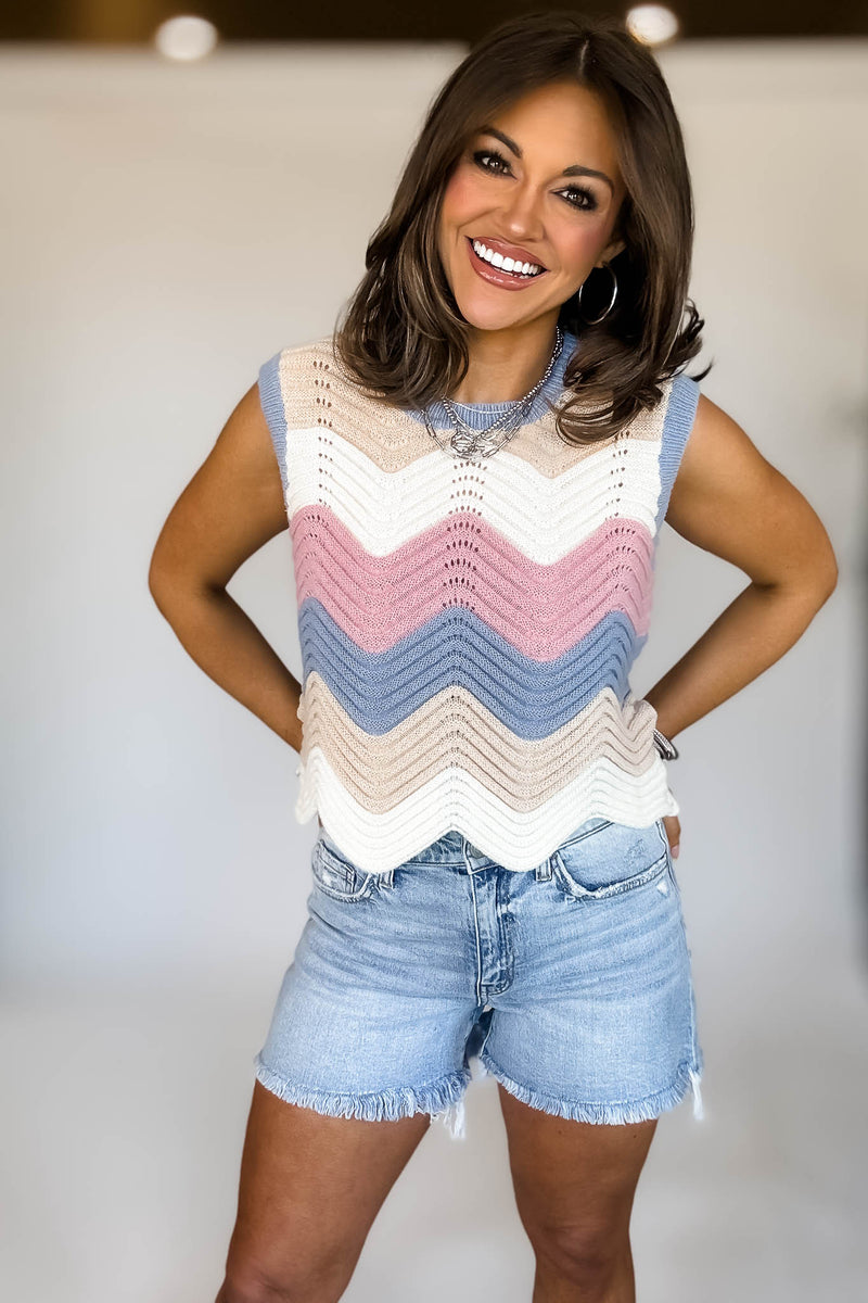 Mutli Color Waive Pointelle Sweater Tank