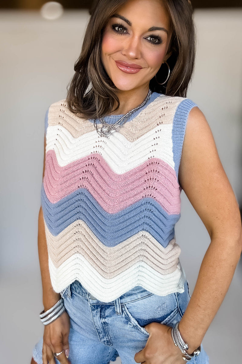 Mutli Color Waive Pointelle Sweater Tank