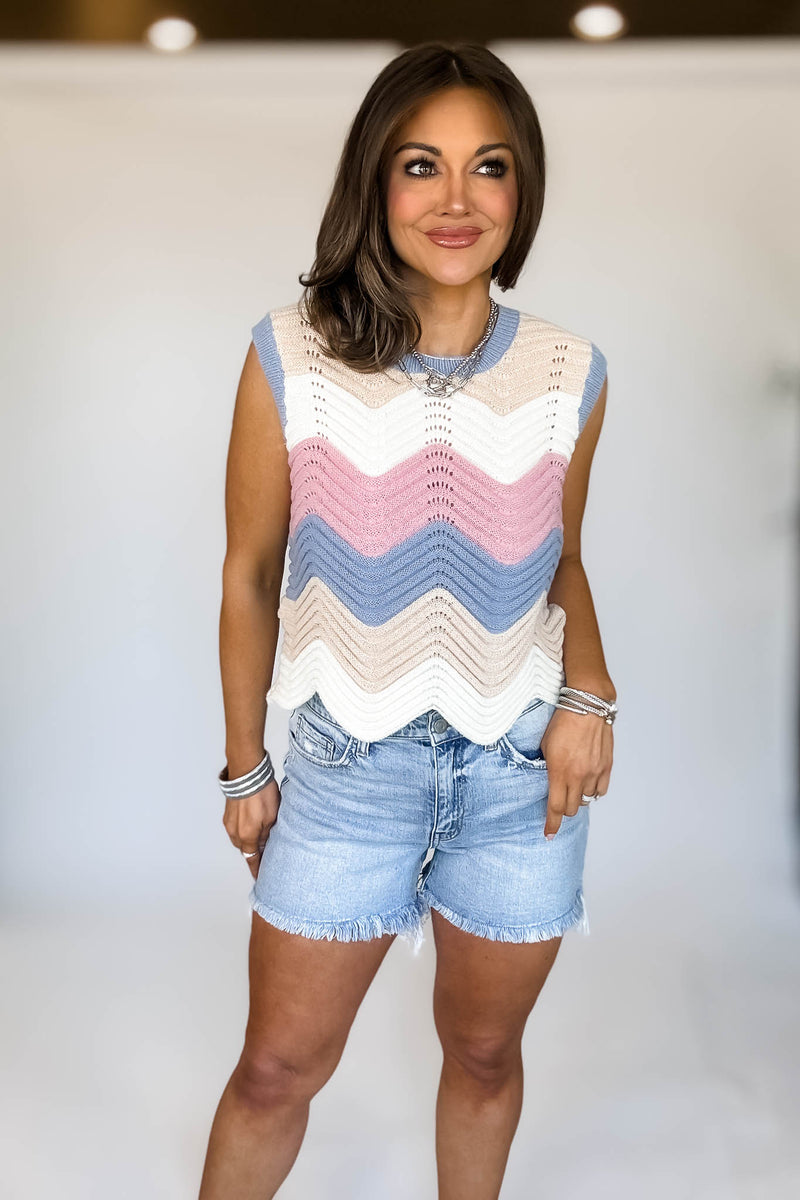 Mutli Color Waive Pointelle Sweater Tank