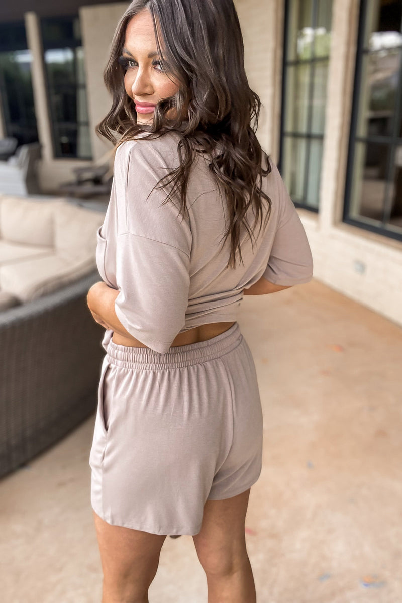Subtle Charm Ash Mocha Drop Shoulder Top And Drawstring Waist Short Set