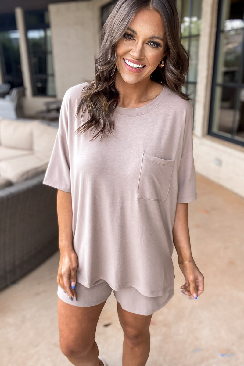 Subtle Charm Ash Mocha Drop Shoulder Top And Drawstring Waist Short Set