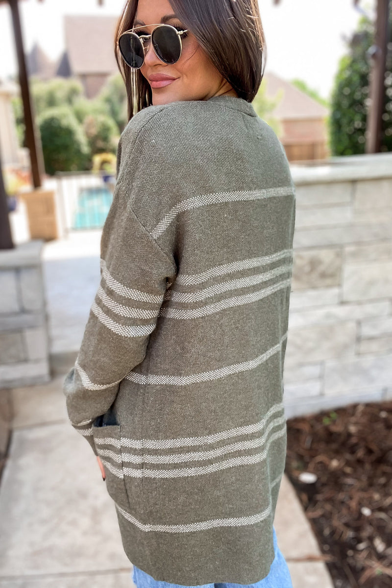 Perhaps Someday Olive Stripe Sweater Cardigan