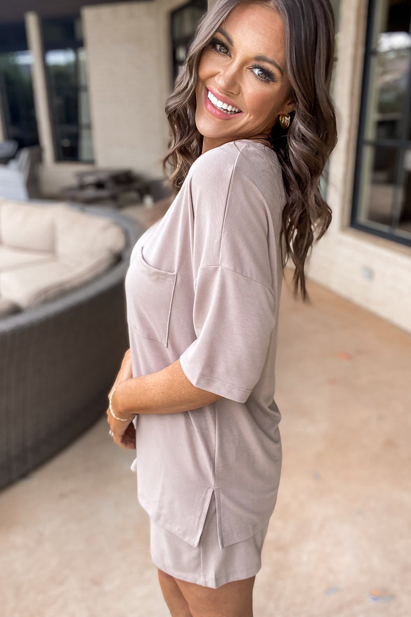 Subtle Charm Ash Mocha Drop Shoulder Top And Drawstring Waist Short Set