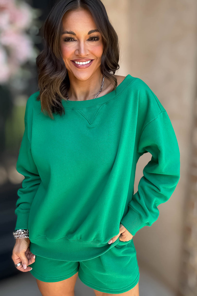 Softest Ever Kelly Green Fleece Boat Neck Sweatshirt