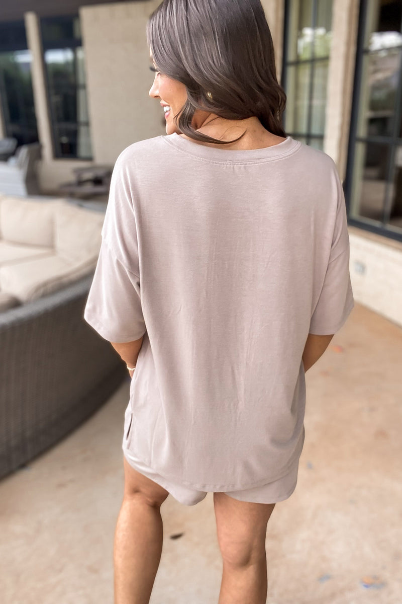 Subtle Charm Ash Mocha Drop Shoulder Top And Drawstring Waist Short Set