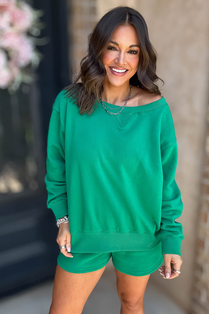 Softest Ever Kelly Green Fleece Boat Neck Sweatshirt