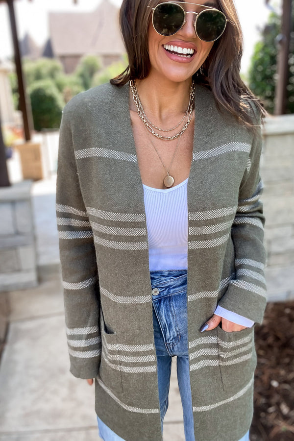 Perhaps Someday Olive Stripe Sweater Cardigan