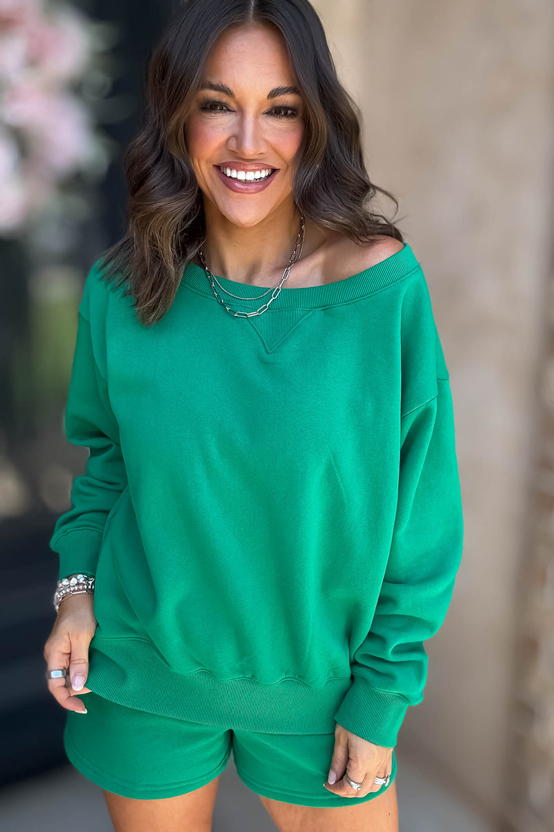 Softest Ever Kelly Green Fleece Boat Neck Sweatshirt