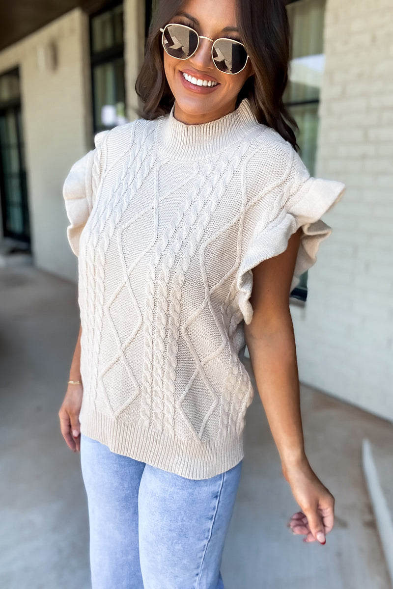 CABLE KNIT RUFFLE SWEATER VEST