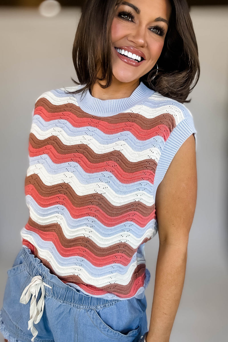 Mock Neck Sleeveless Wave Stripe Crochet Knit Top