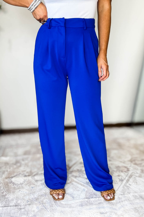 Royal Blue Waist Pleat Detail Straight Leg Pants