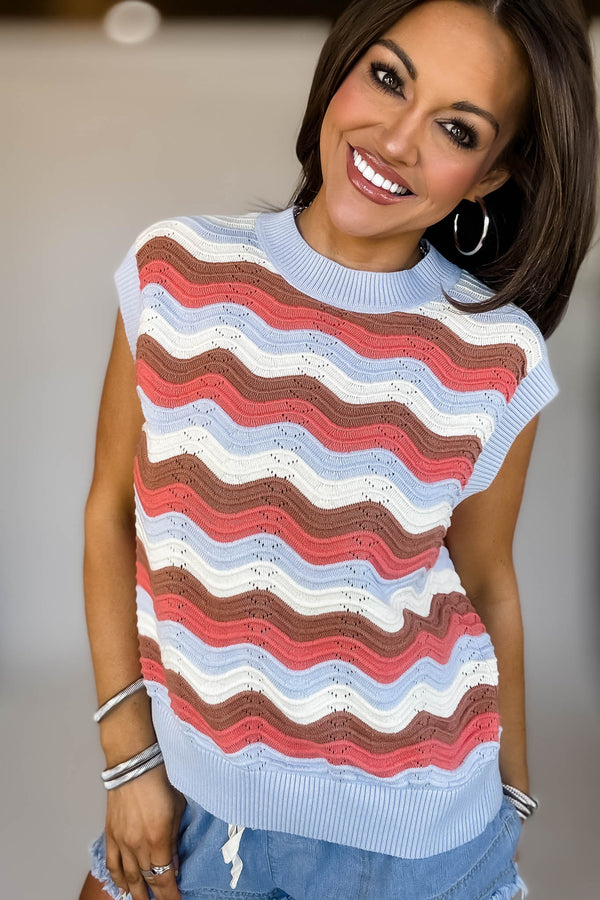 Mock Neck Sleeveless Wave Stripe Crochet Knit Top