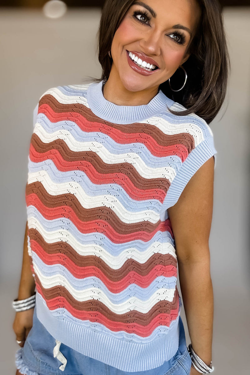 Mock Neck Sleeveless Wave Stripe Crochet Knit Top