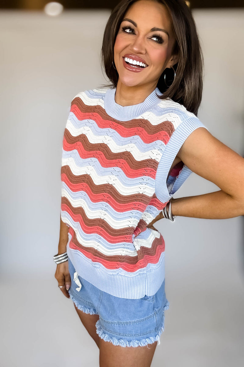 Mock Neck Sleeveless Wave Stripe Crochet Knit Top