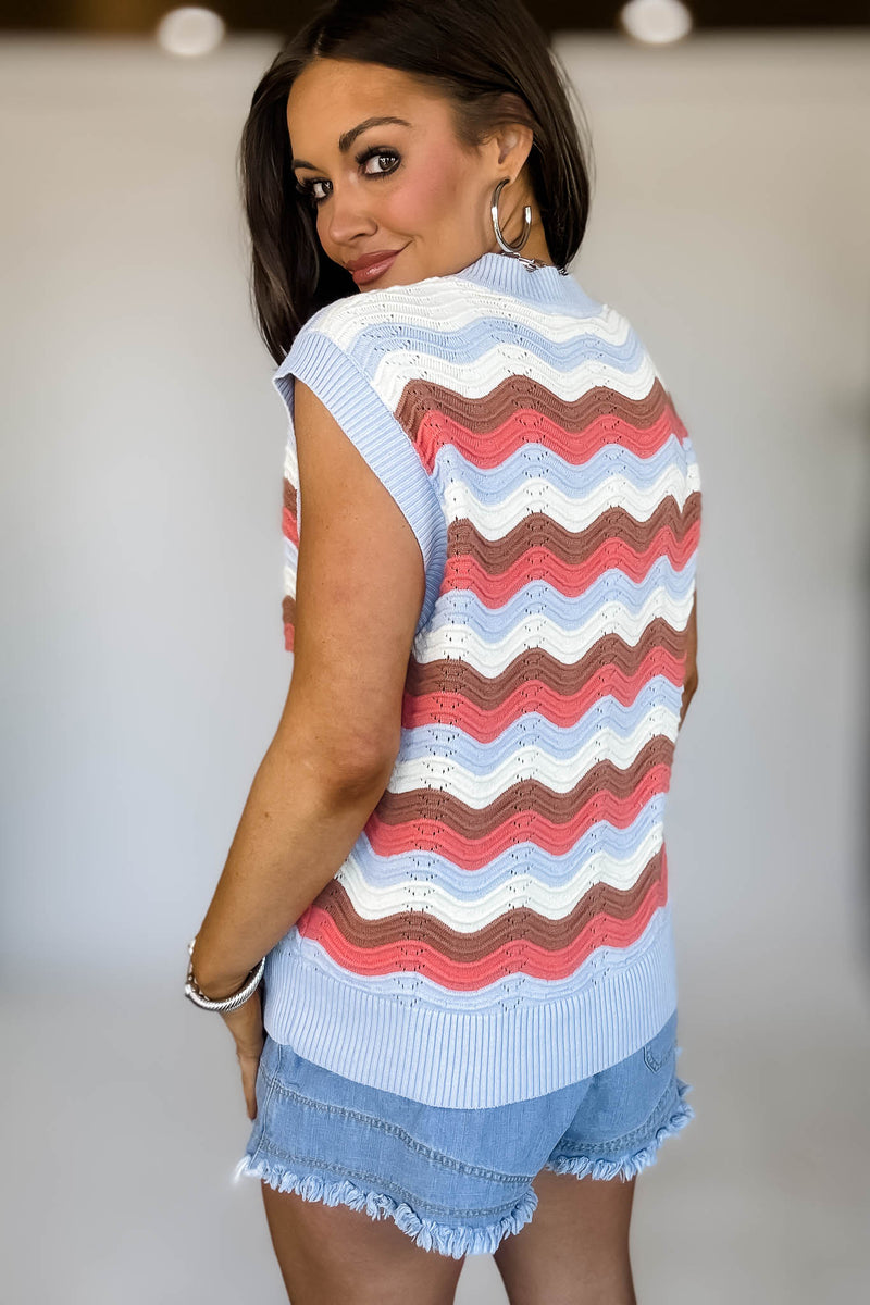 Mock Neck Sleeveless Wave Stripe Crochet Knit Top