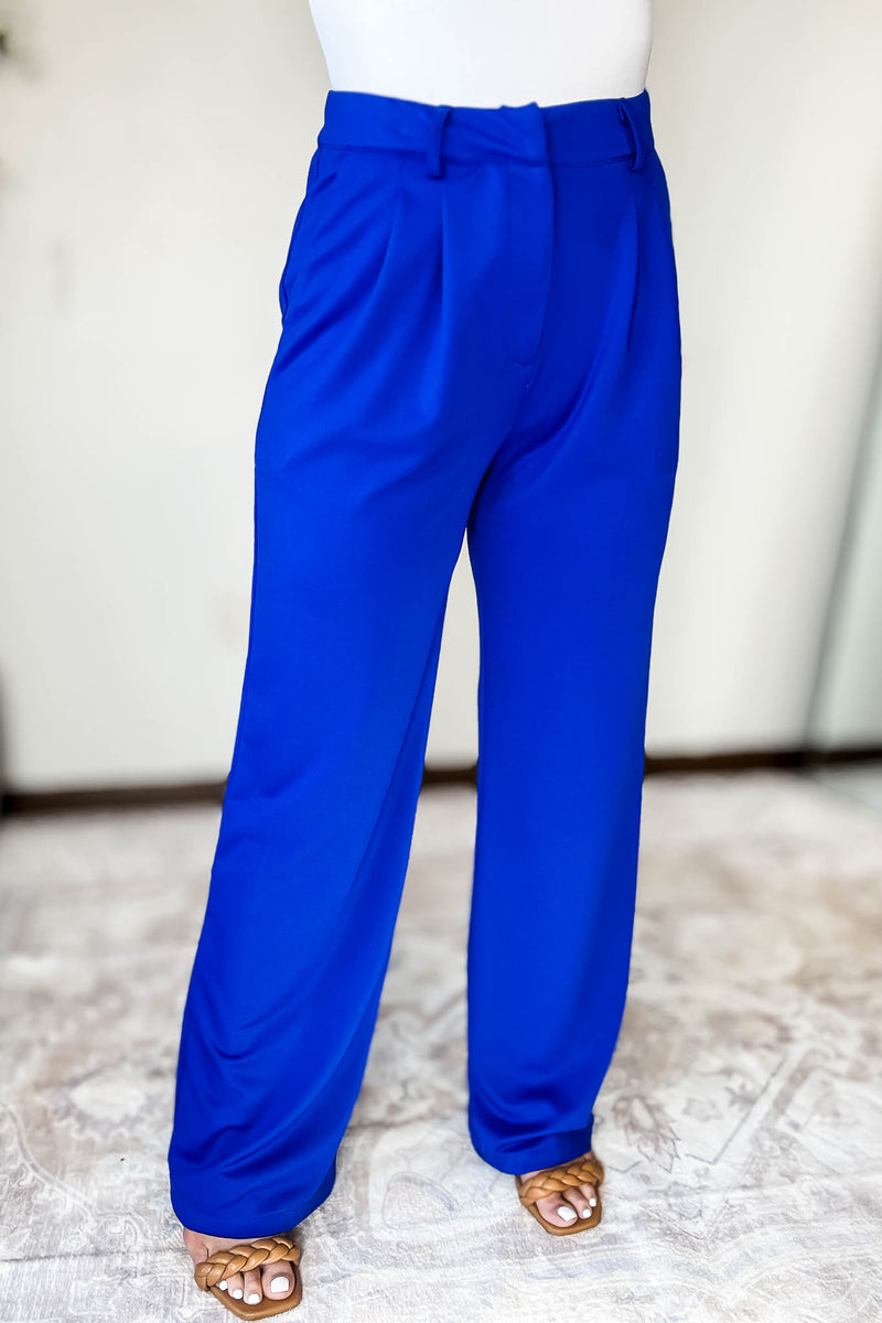Royal Blue Waist Pleat Detail Straight Leg Pants