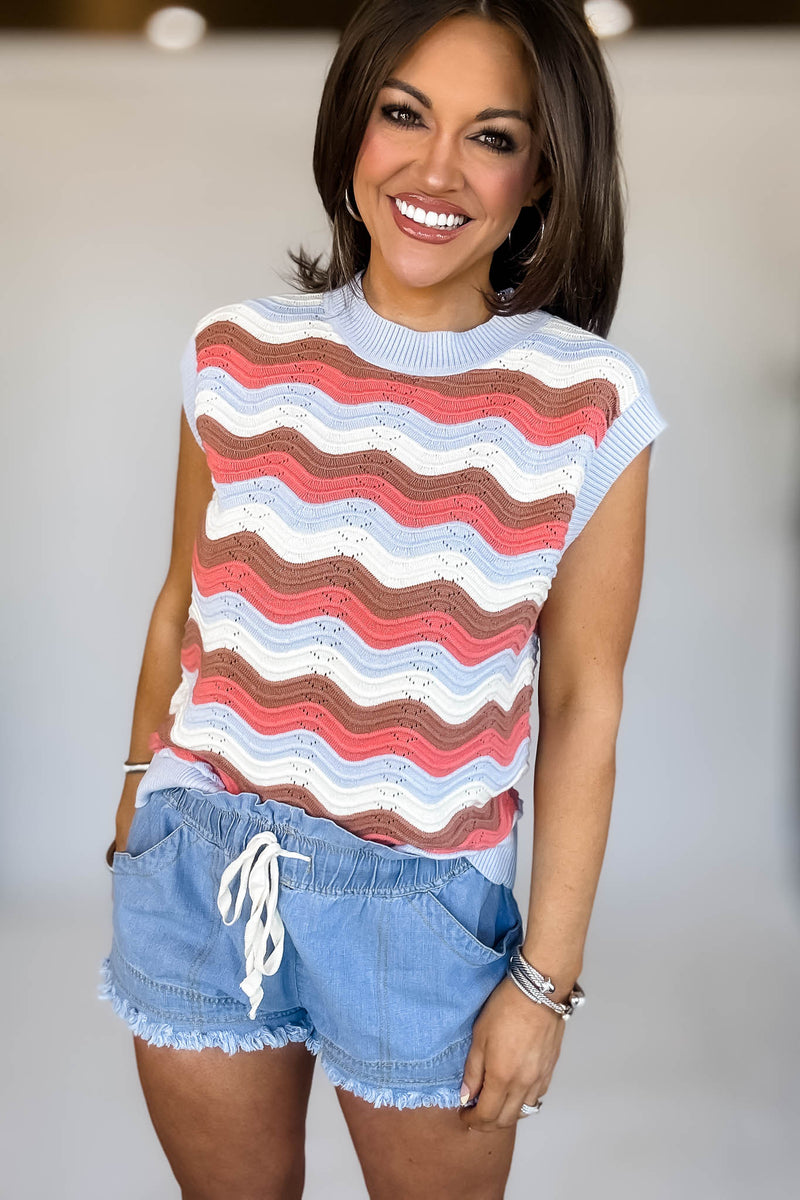 Mock Neck Sleeveless Wave Stripe Crochet Knit Top