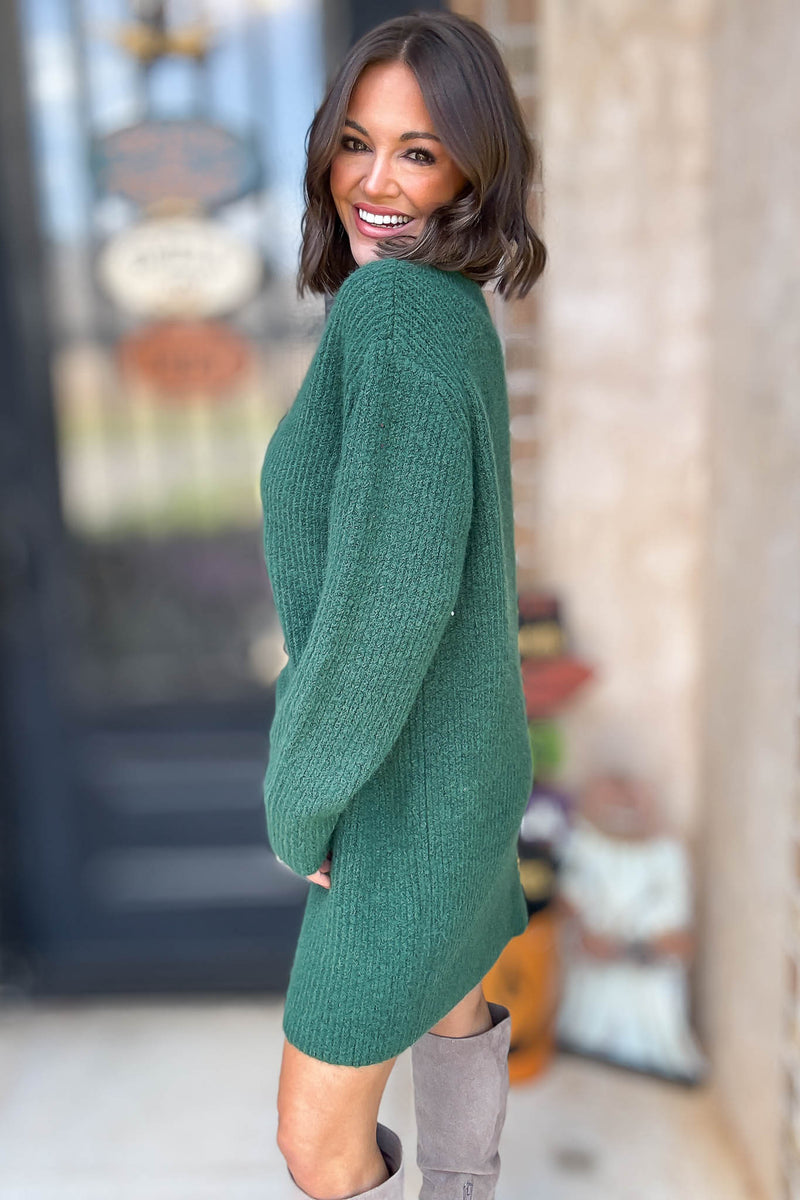 Hunter Green V Neck Sweater Dress