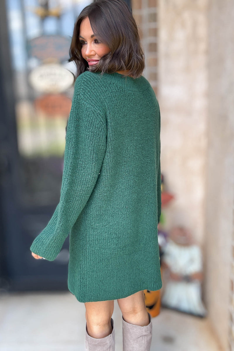 Hunter Green V Neck Sweater Dress