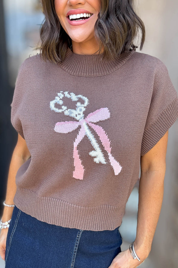 Brown Mock Neck Wide Shoulder Key Graphic Sweater