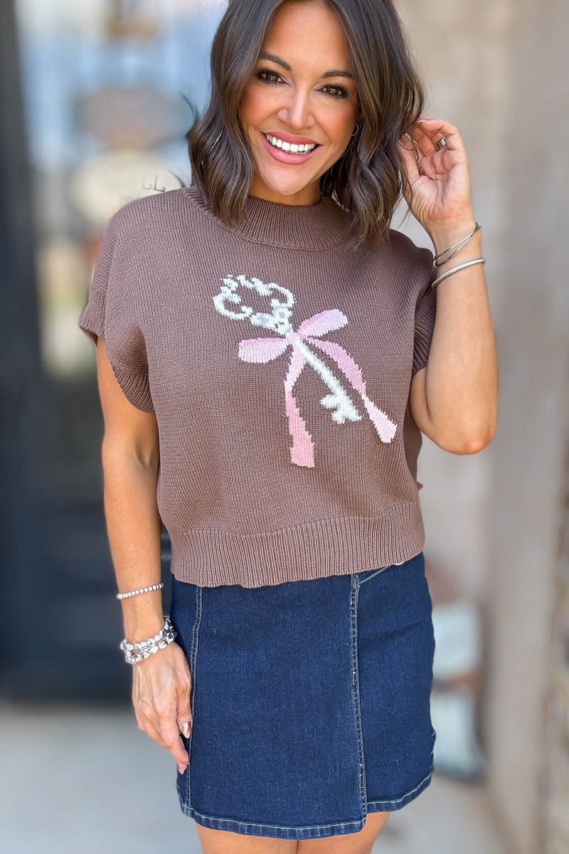 Brown Mock Neck Wide Shoulder Key Graphic Sweater