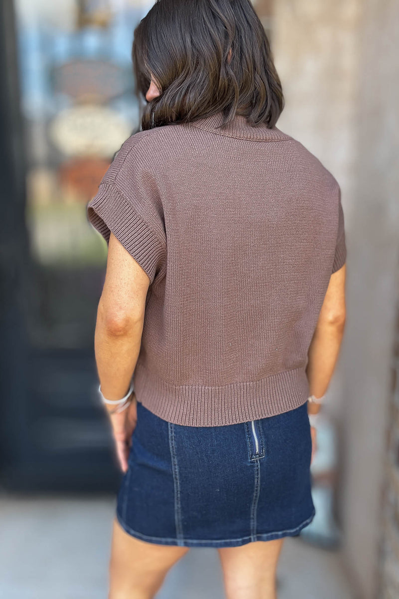 Brown Mock Neck Wide Shoulder Key Graphic Sweater