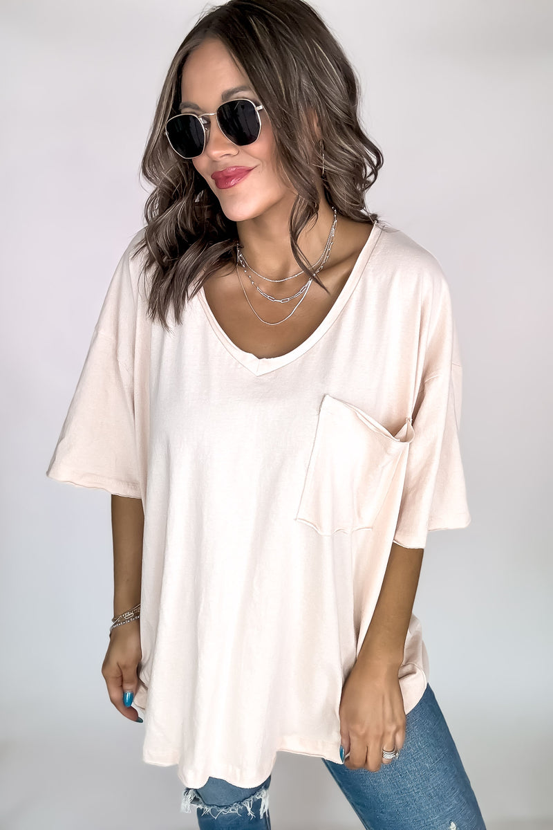 Oversized Peach Cream Front Pocket Raw Edge Boyfriend Tee