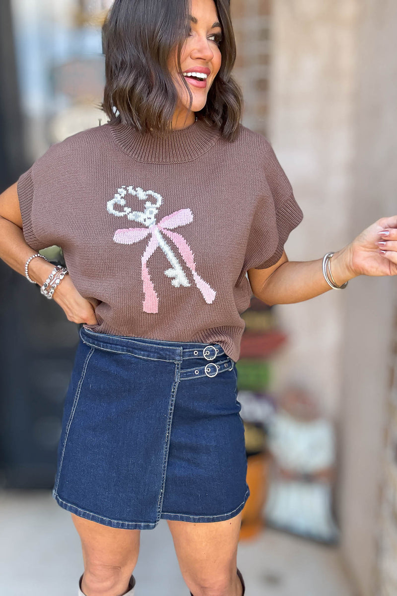 Brown Mock Neck Wide Shoulder Key Graphic Sweater
