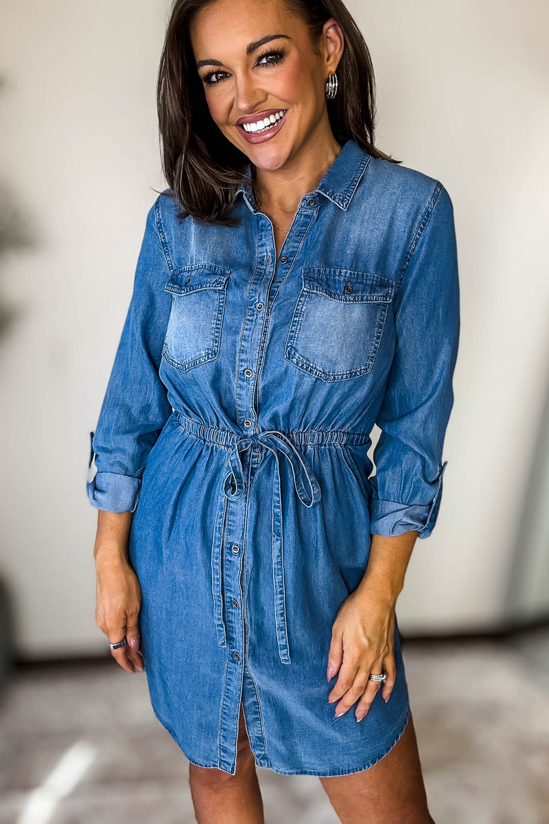 Roll- Up Tencel Mini Shirt Dress