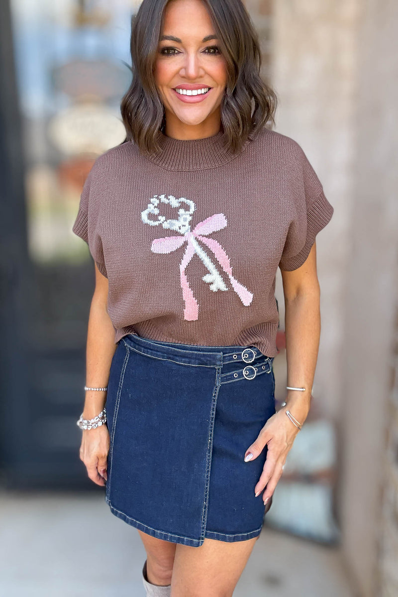 Brown Mock Neck Wide Shoulder Key Graphic Sweater