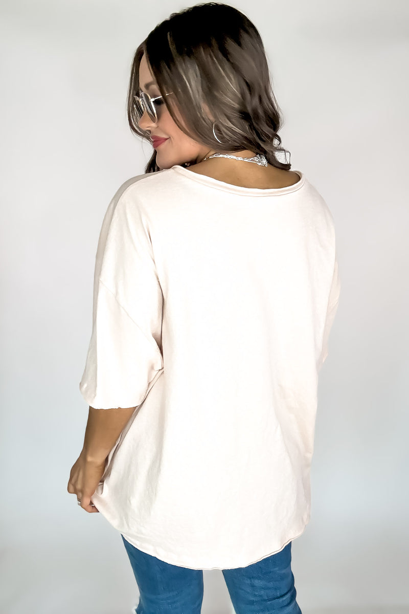 Oversized Peach Cream Front Pocket Raw Edge Boyfriend Tee