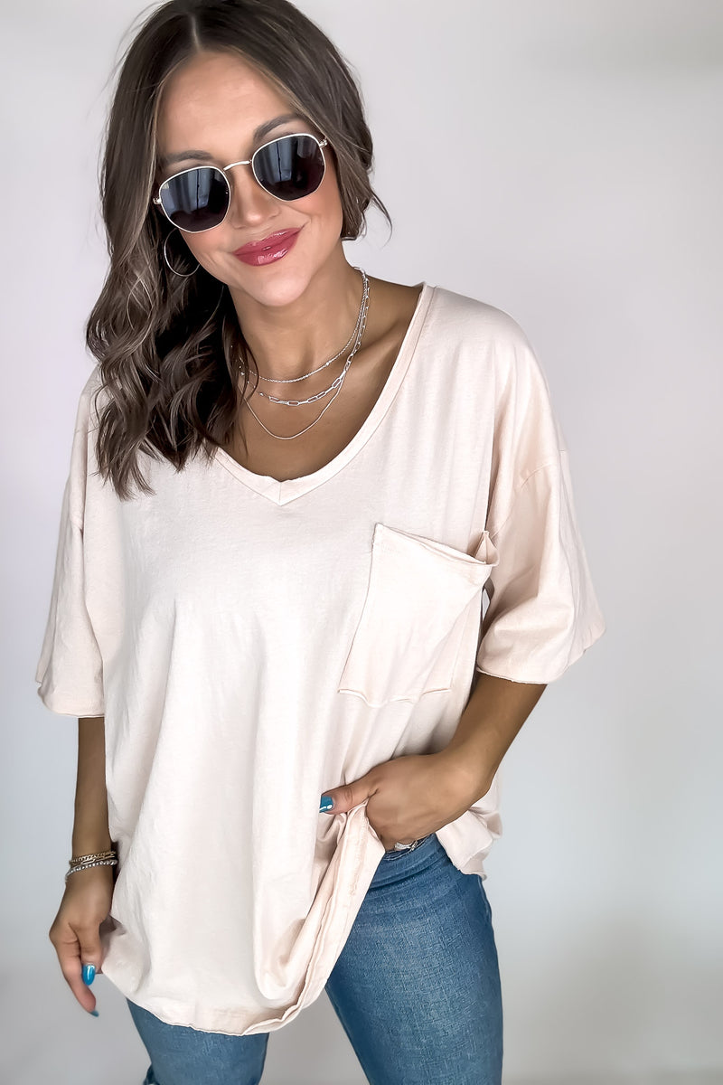 Oversized Peach Cream Front Pocket Raw Edge Boyfriend Tee