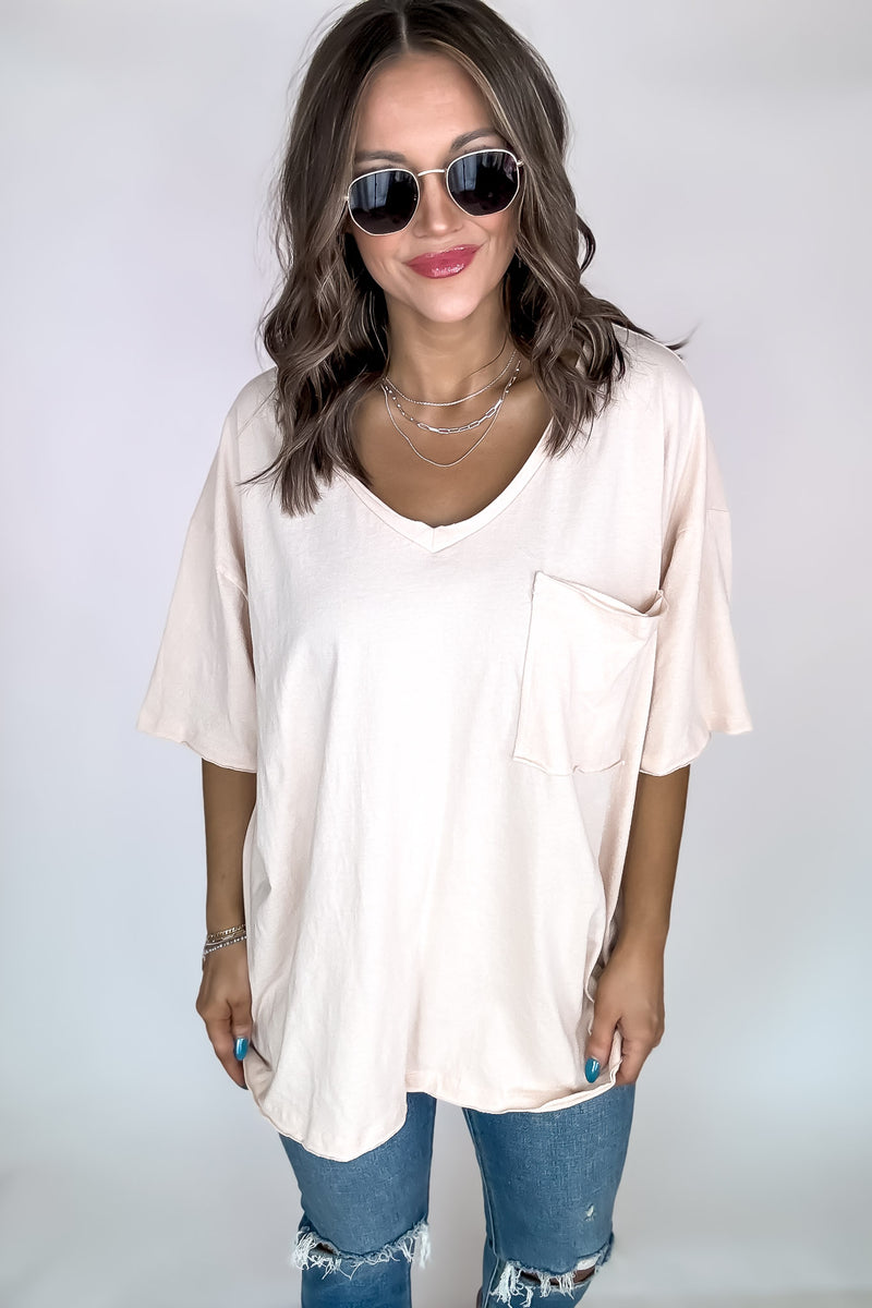 Oversized Peach Cream Front Pocket Raw Edge Boyfriend Tee