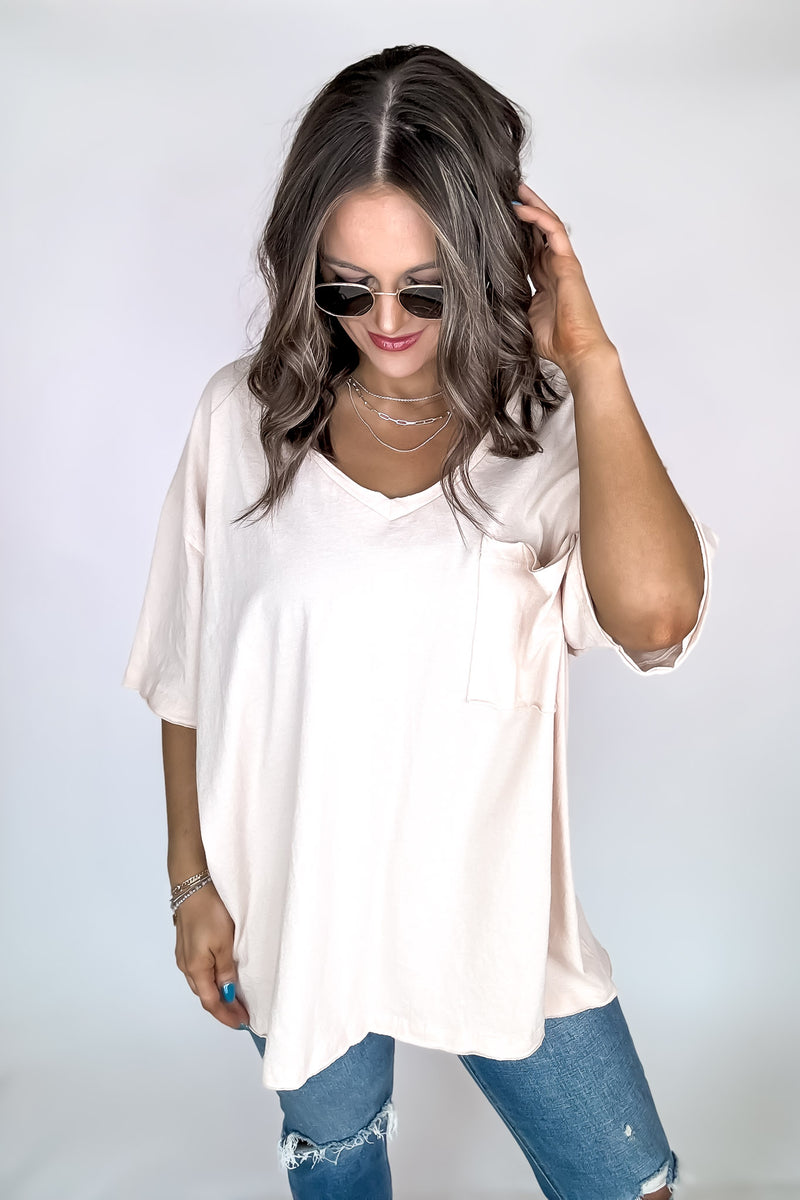 Oversized Peach Cream Front Pocket Raw Edge Boyfriend Tee