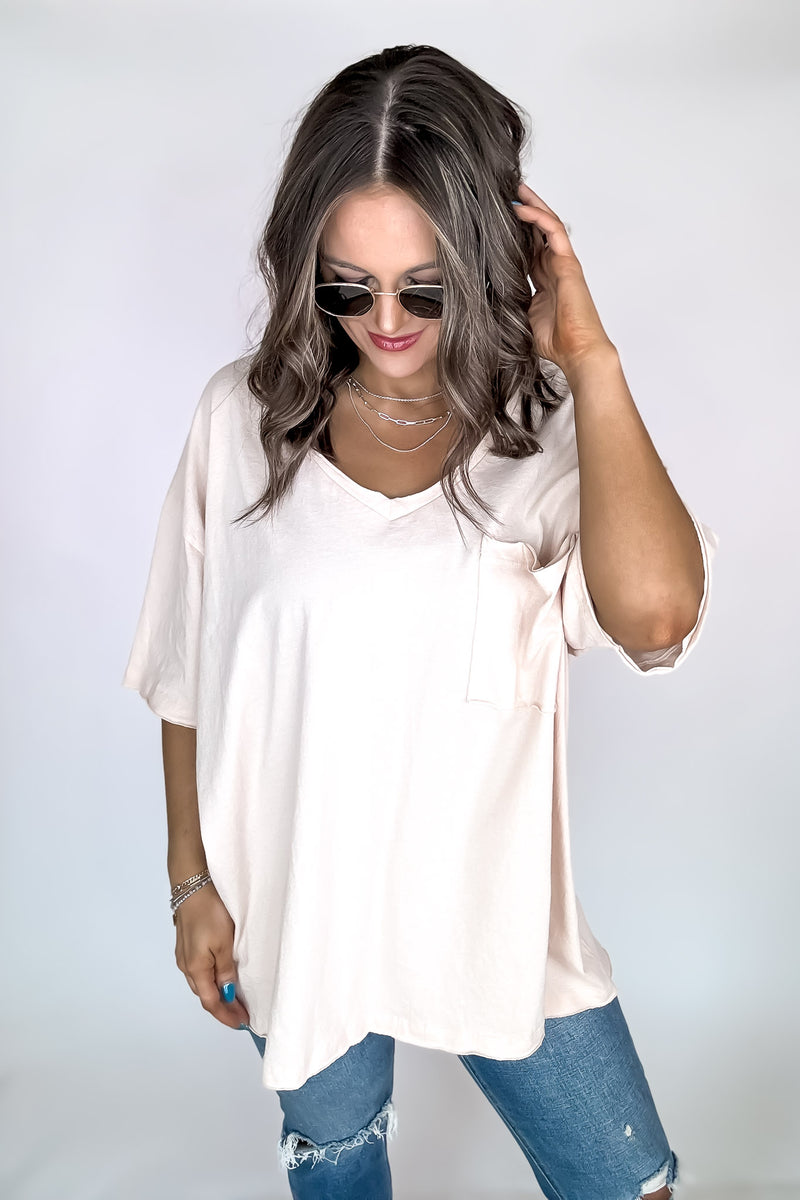 Oversized Peach Cream Front Pocket Raw Edge Boyfriend Tee