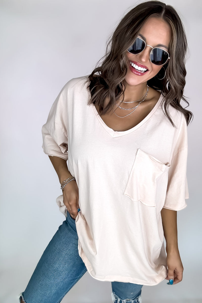 Oversized Peach Cream Front Pocket Raw Edge Boyfriend Tee