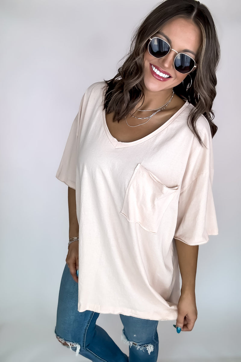 Oversized Peach Cream Front Pocket Raw Edge Boyfriend Tee