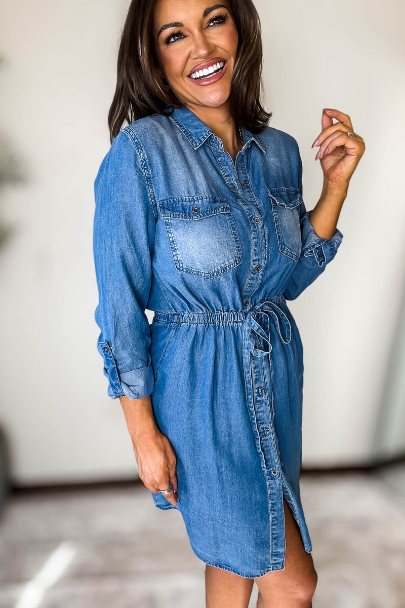 Roll- Up Tencel Mini Shirt Dress