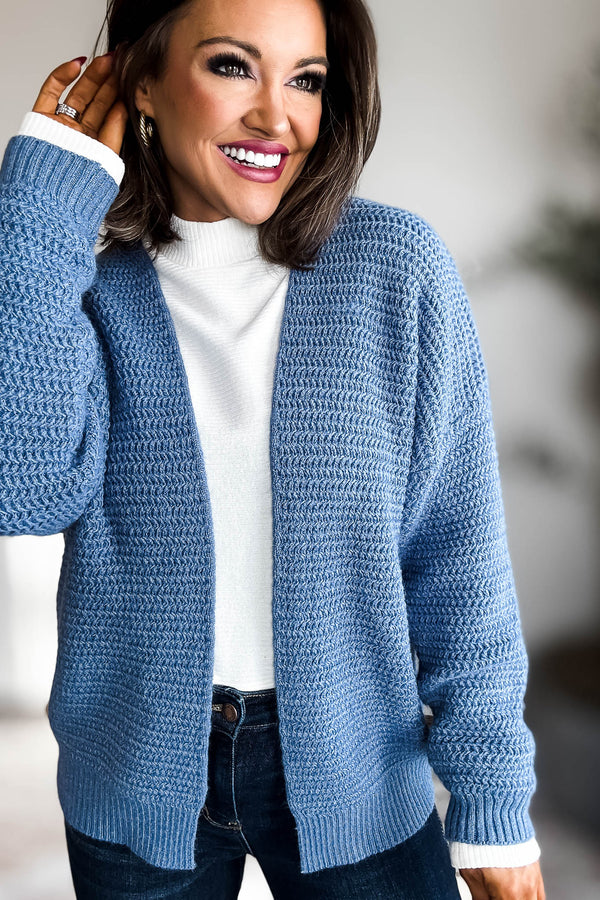 Blue Open Front Textured Cardigan