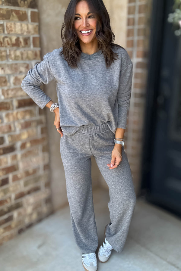 Step Into Fall Heather Grey Elastic Waist Soft Knit Long Pants