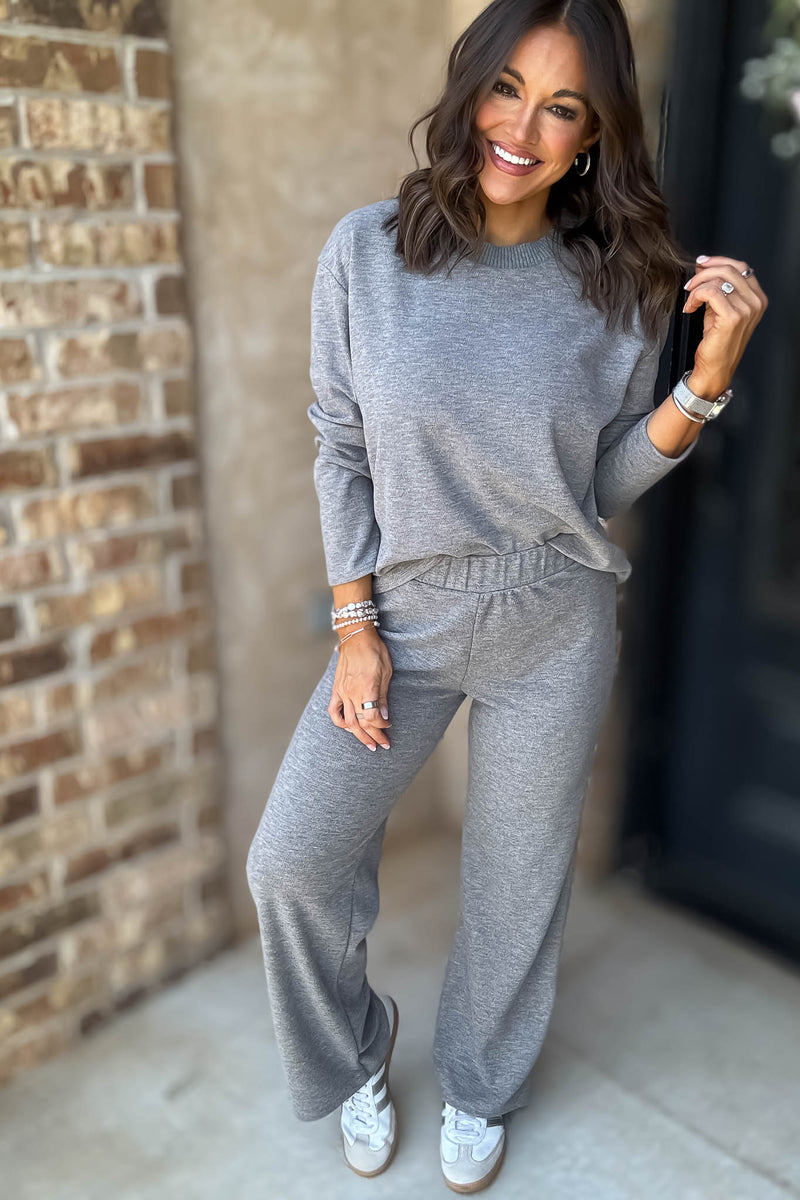 Step Into Fall Heather Grey Elastic Waist Soft Knit Long Pants