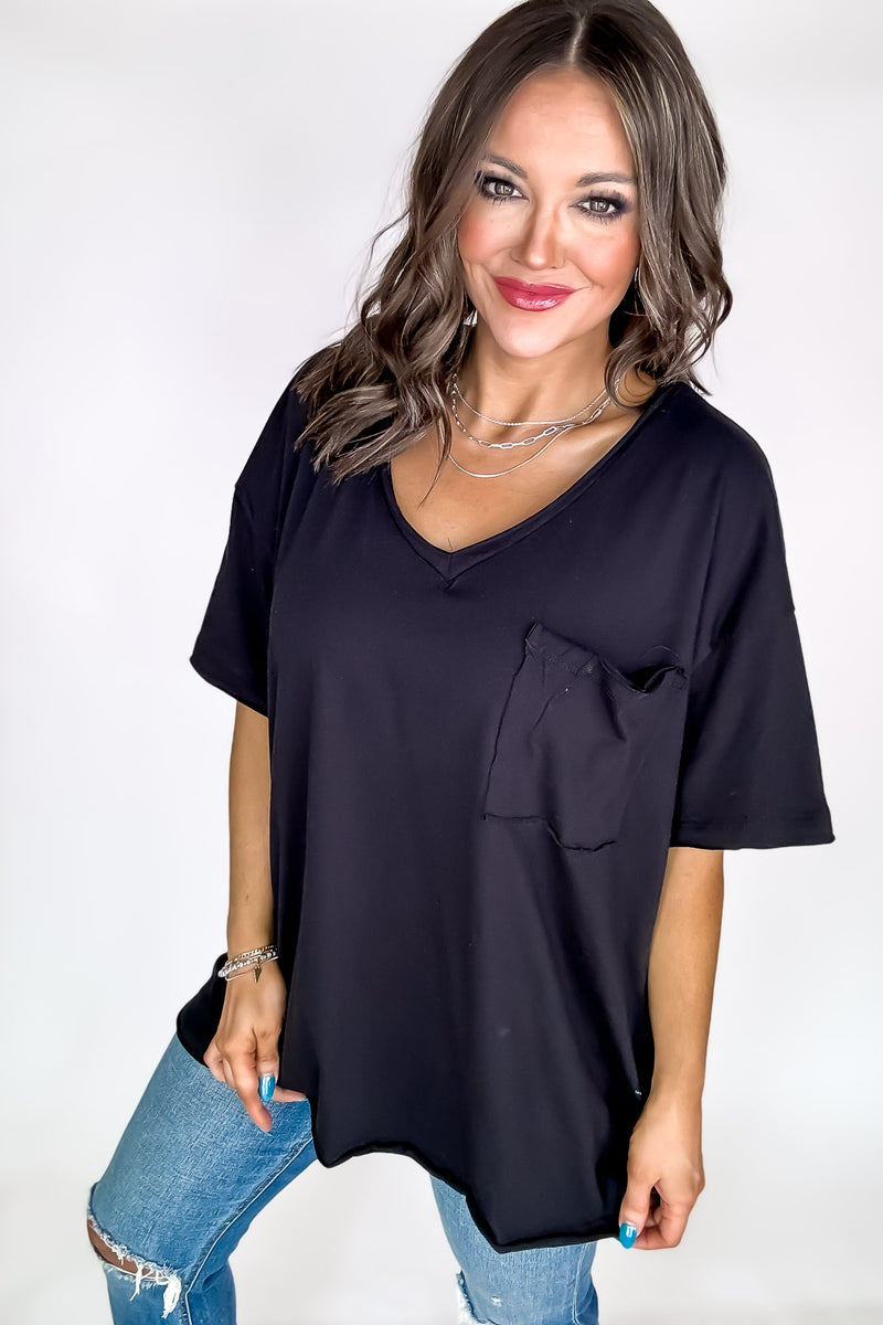 Oversized Black Front Pocket Raw Edge Boyfriend Tee