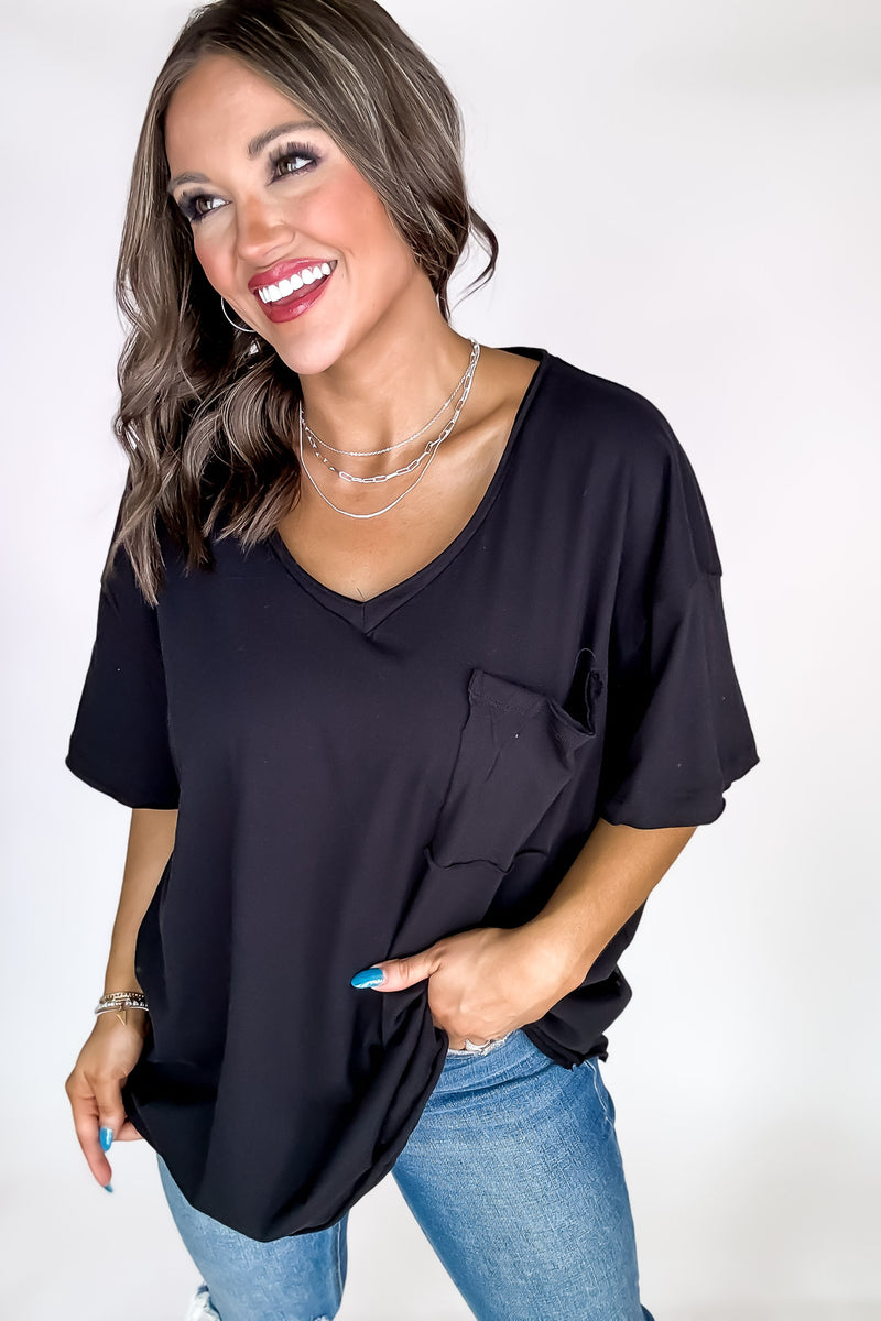 Oversized Black Front Pocket Raw Edge Boyfriend Tee