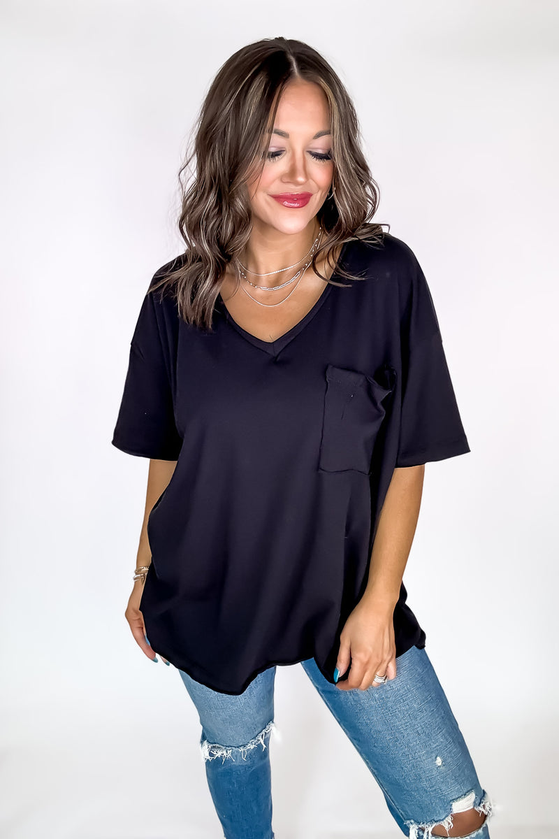 Oversized Black Front Pocket Raw Edge Boyfriend Tee