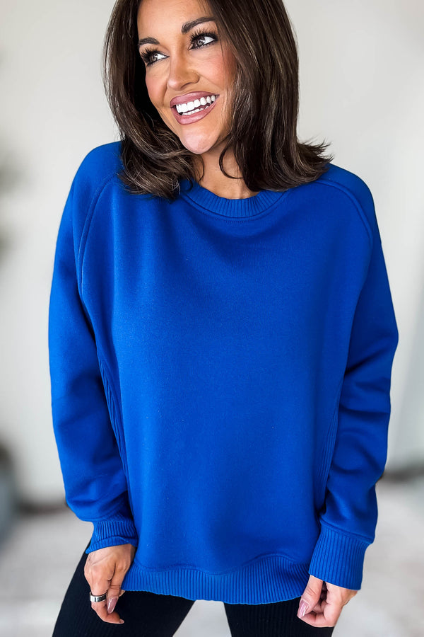 Gracie Classic Blue Fleece Round Neck Ribbed Side Raglan Sweatshirt