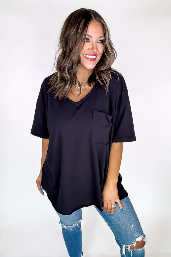 Oversized Black Front Pocket Raw Edge Boyfriend Tee