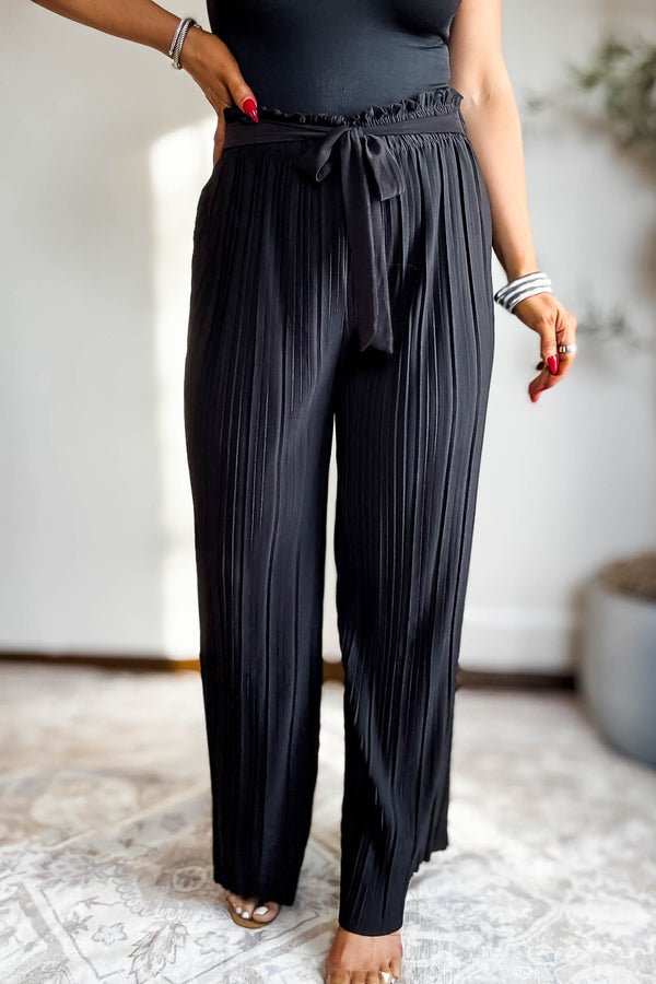 Pleated Black Wide Leg Paperback Self Tie Pants