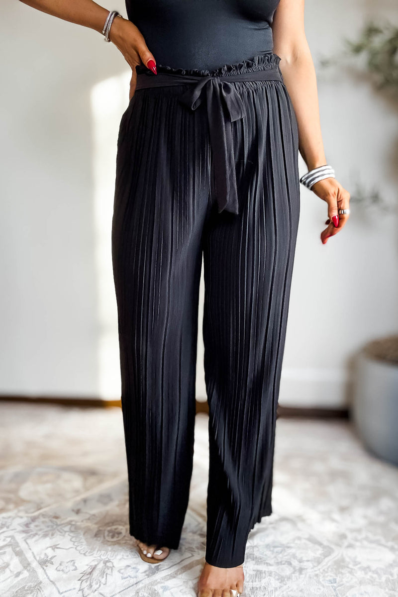 Pleated Black Wide Leg Paperback Self Tie Pants