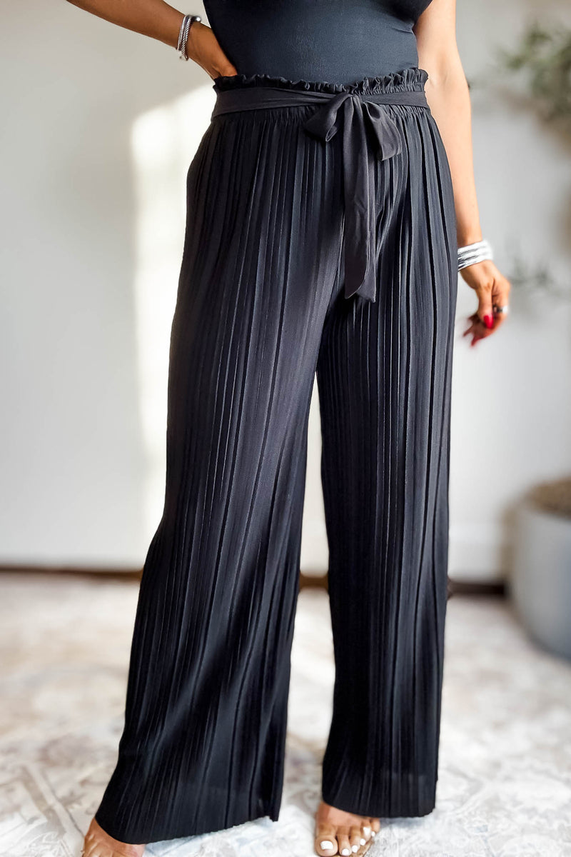 Pleated Black Wide Leg Paperback Self Tie Pants